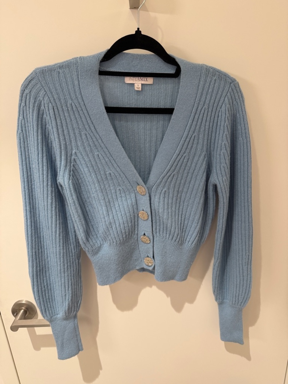 INTERMIX Powder Blue Ribbed V-Neck Button Cardigan